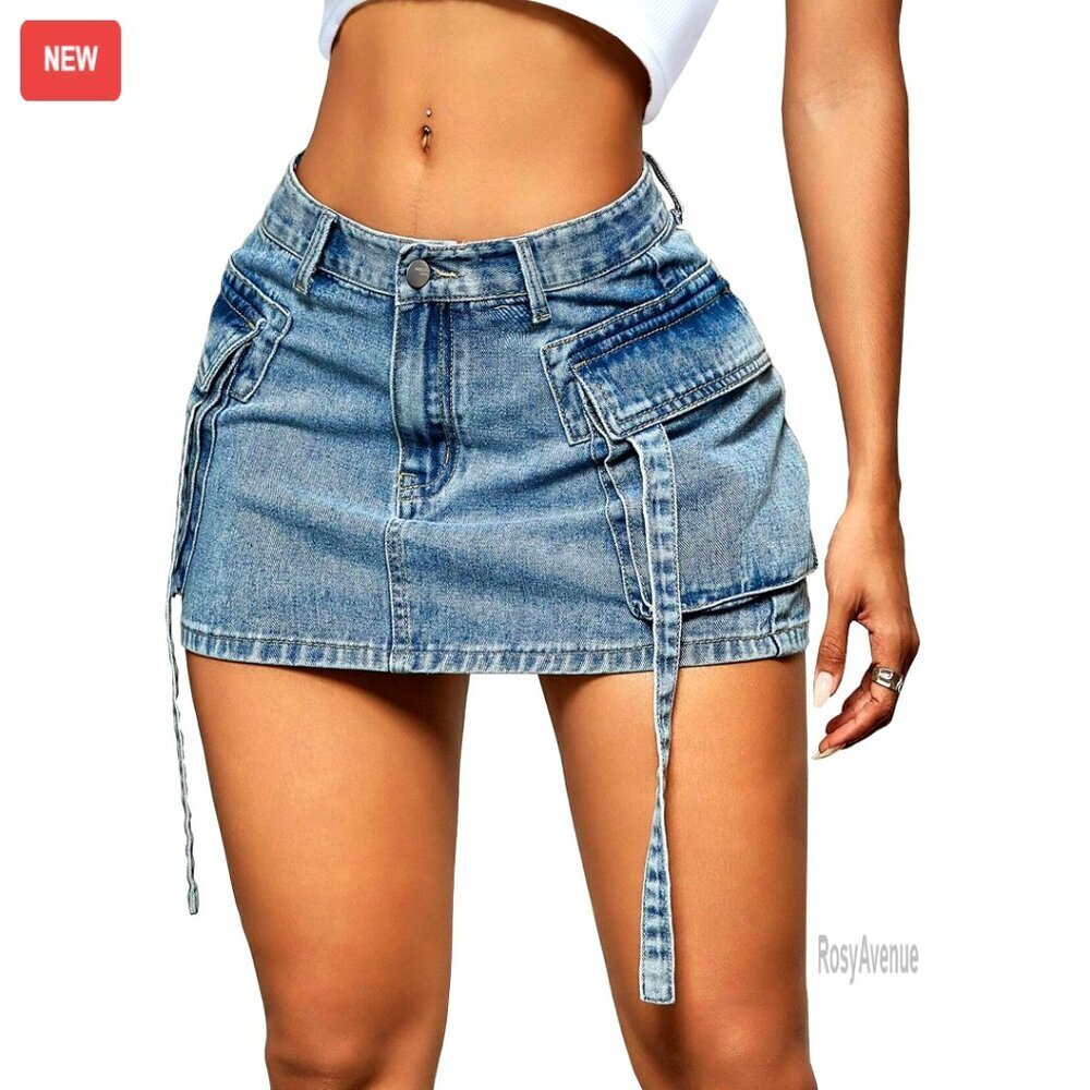 Denim Cargo Mini Skirt Low Waist Y2K Style with Pockets